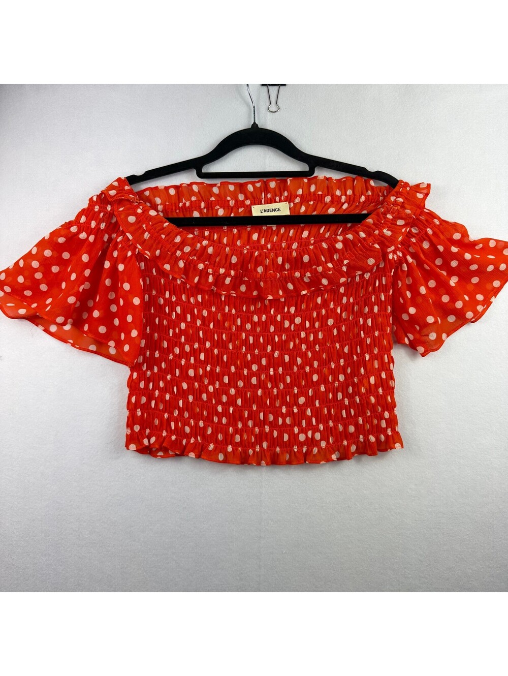 L'Agence Orange Polka Dot Smocked Crop Top XS Off Shoulder Silk Ruffle Blouse